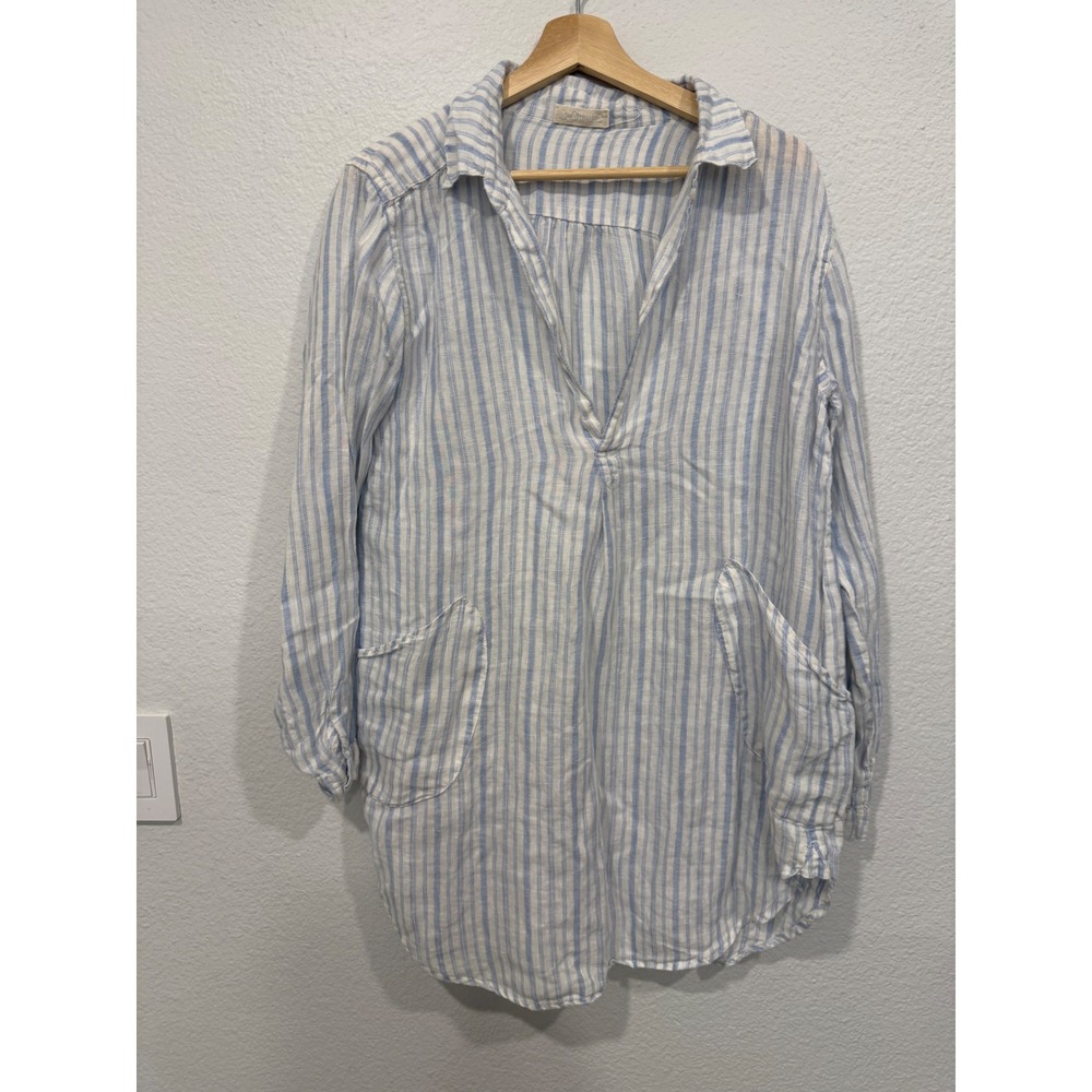 CP SHADES Blue and White Linen Coastal Top with Pockets - Small